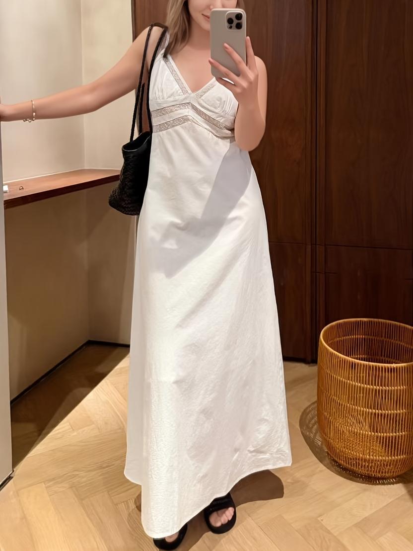 Lace Patchwork Back Button V Neck Suspender Maxi Dress