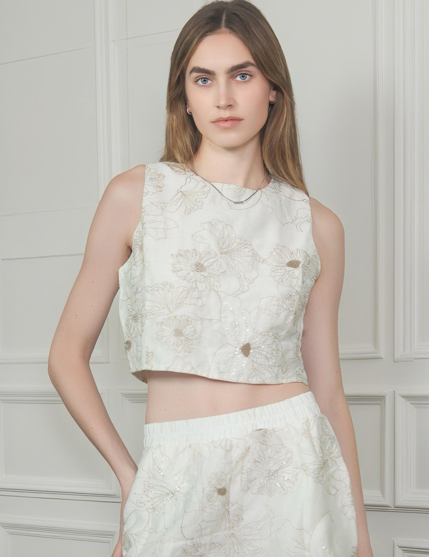 Floral Sequin Crew Neck Back Keyhole Crop Tank Top