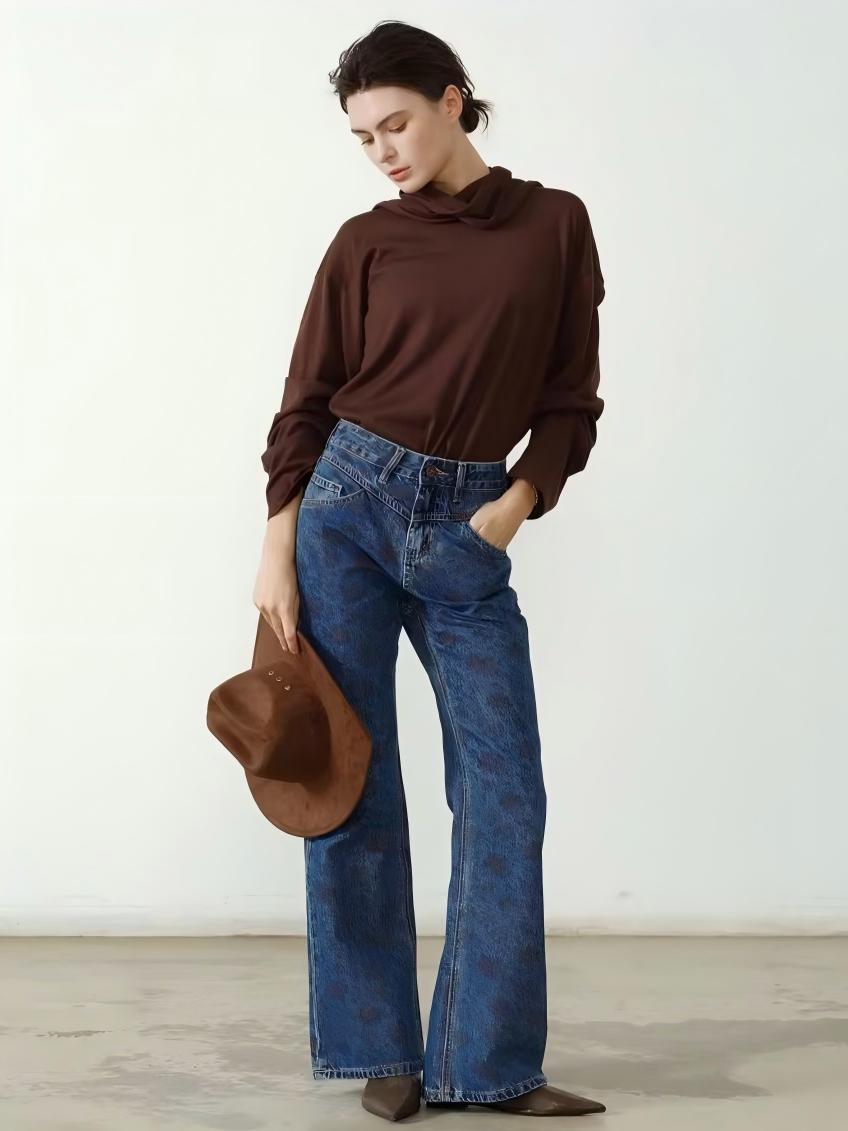 Rose Print High Waist Bootcut Jeans
