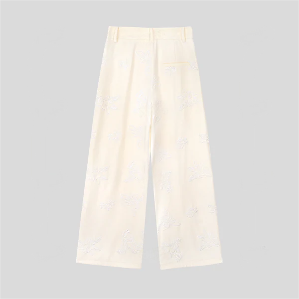Floral Embroidered Pockets Straight Pants