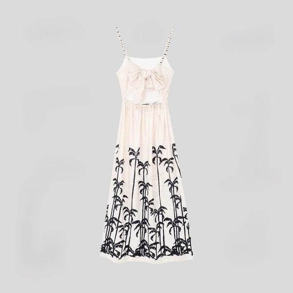 Palm Tree Pattern Back Lace-up Square Neck Cami Dress