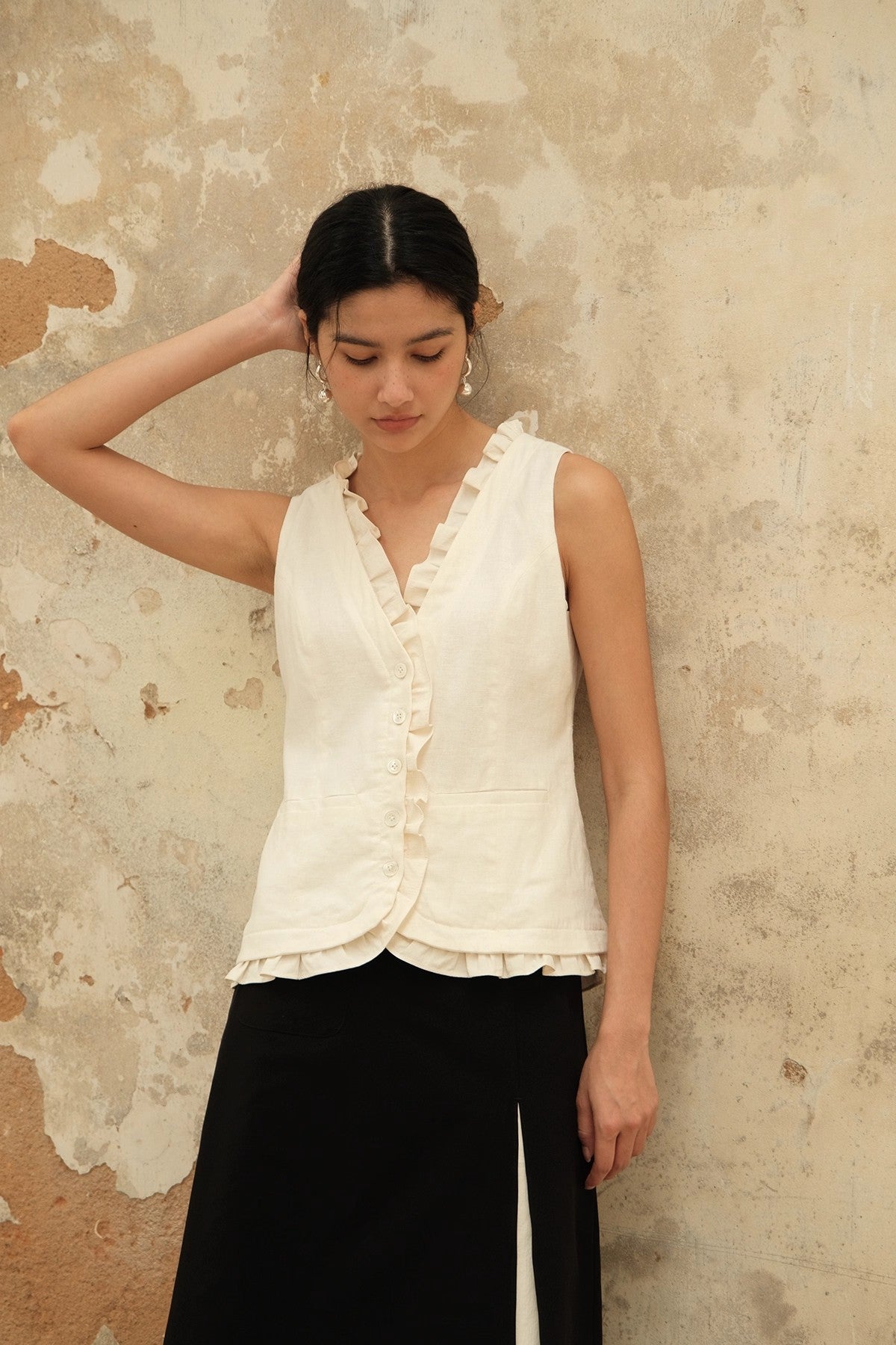 V-neck Frill Trim Button Up Vest