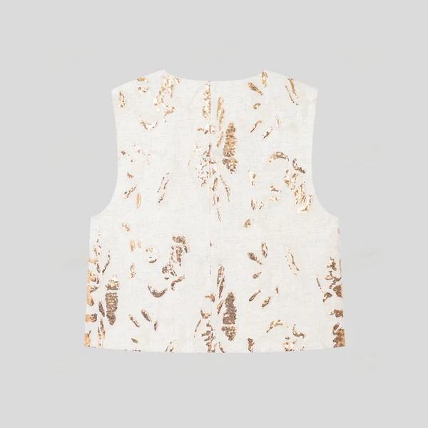 Squin Embroidered Buttoned Round Neck Vest