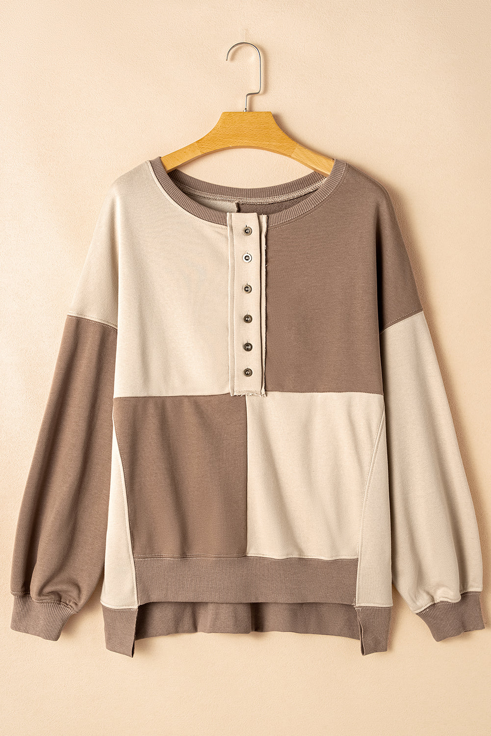 Colorblock Henley High Low Oversize Sweatshirt