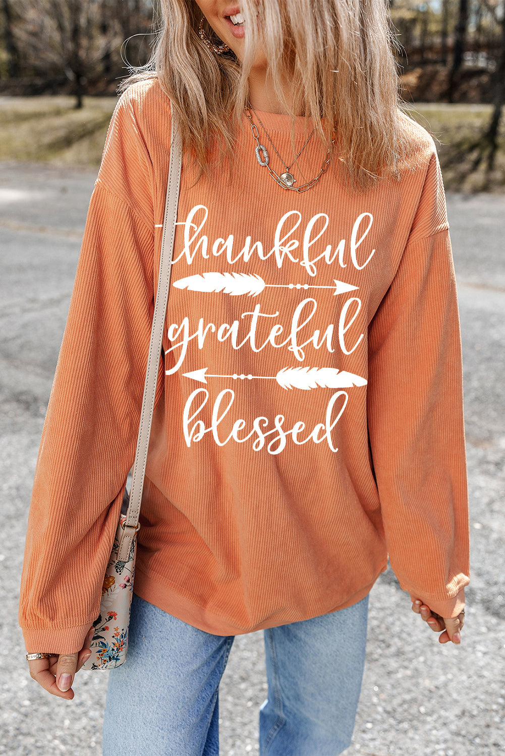 Thankful grateful blessed Arrow Graphic Corded Sweatshirt