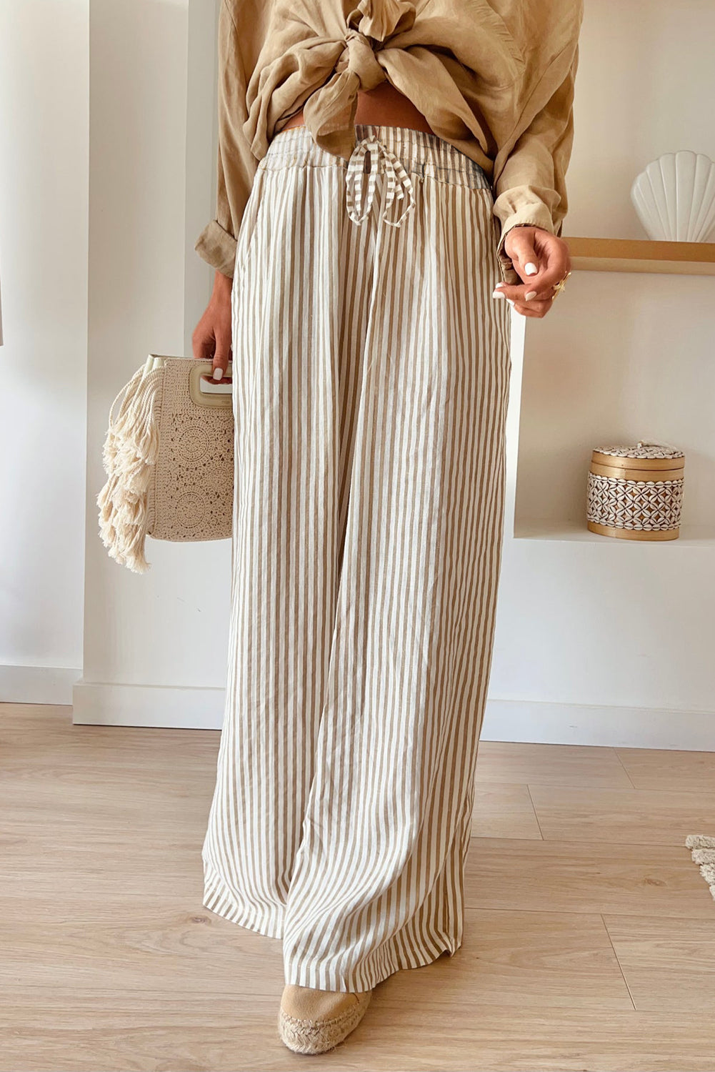 Stripe Print Wide Leg Drawstring Pants