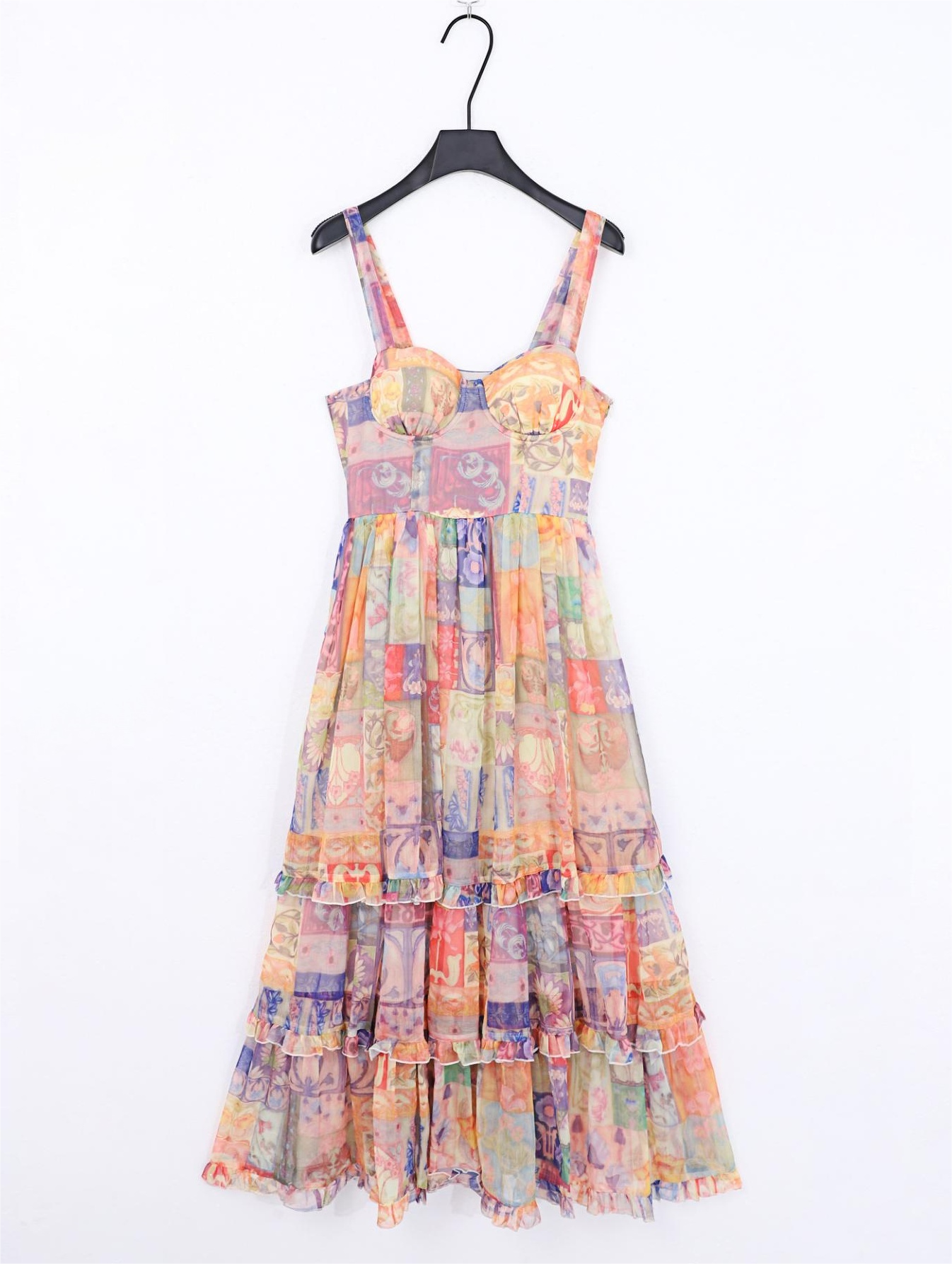 Floral Ruffle Layer Cup Detail Side Zipper Sleeveless Dress