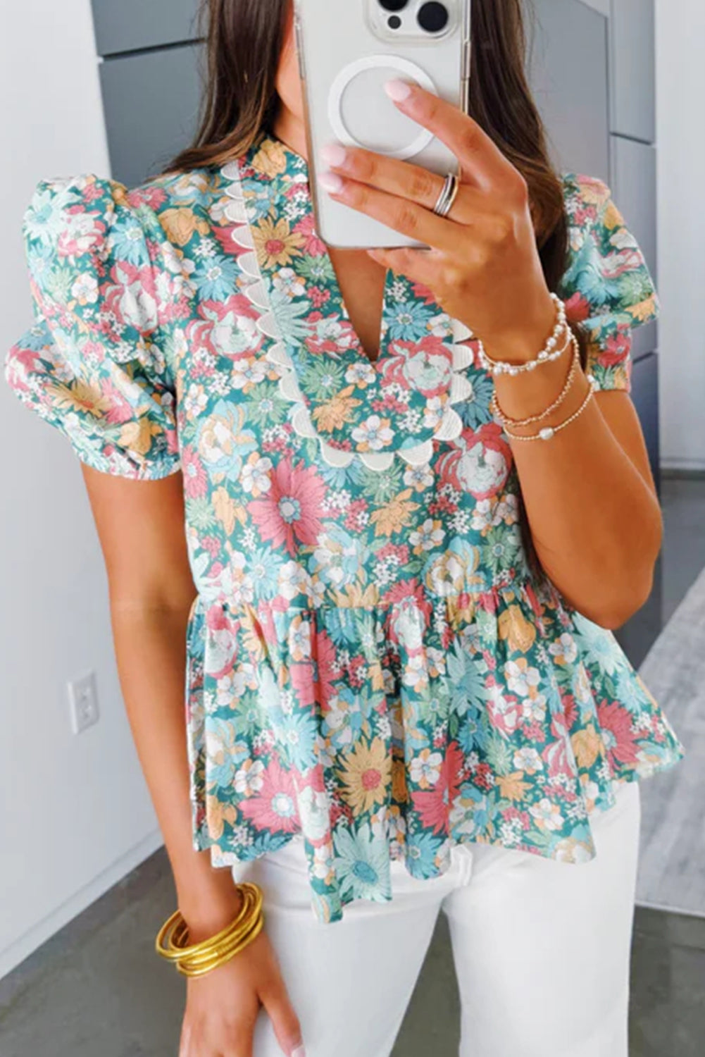 Notched Neck Puff Short Sleeve Floral Blouse