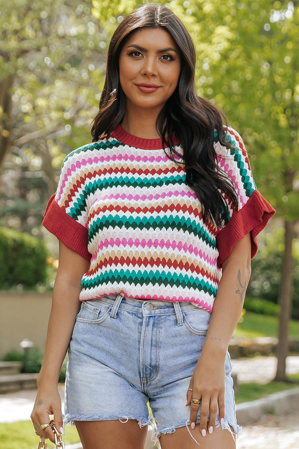 Trimmed Ruffle Sleeve Colorful Textured Sweater