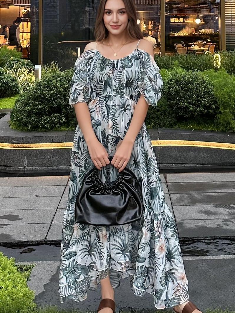 Off Shoulder Floral Ruffled Spaghetti Straps Maxi Dress