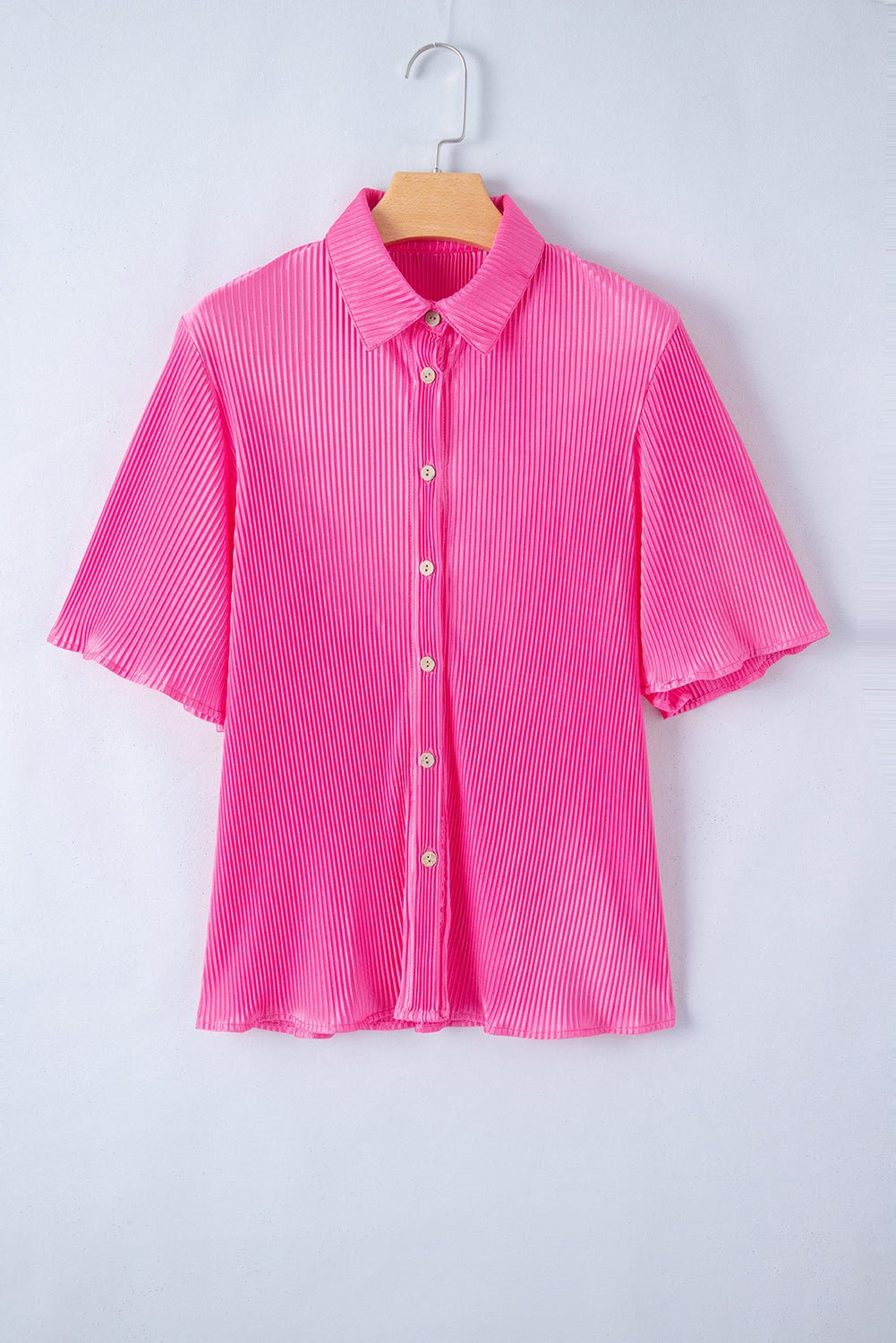Bright Pink Satin Pleated Short Sleeve Shirt