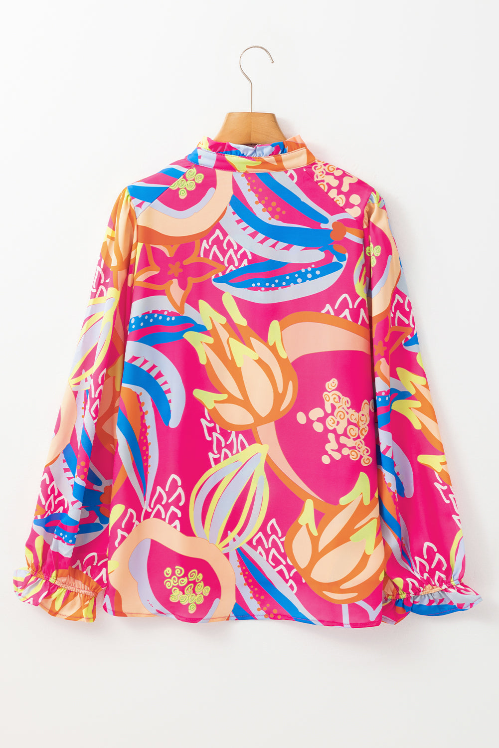 Abstract Print Ruffled Sleeve Buttoned V Neck Blouse