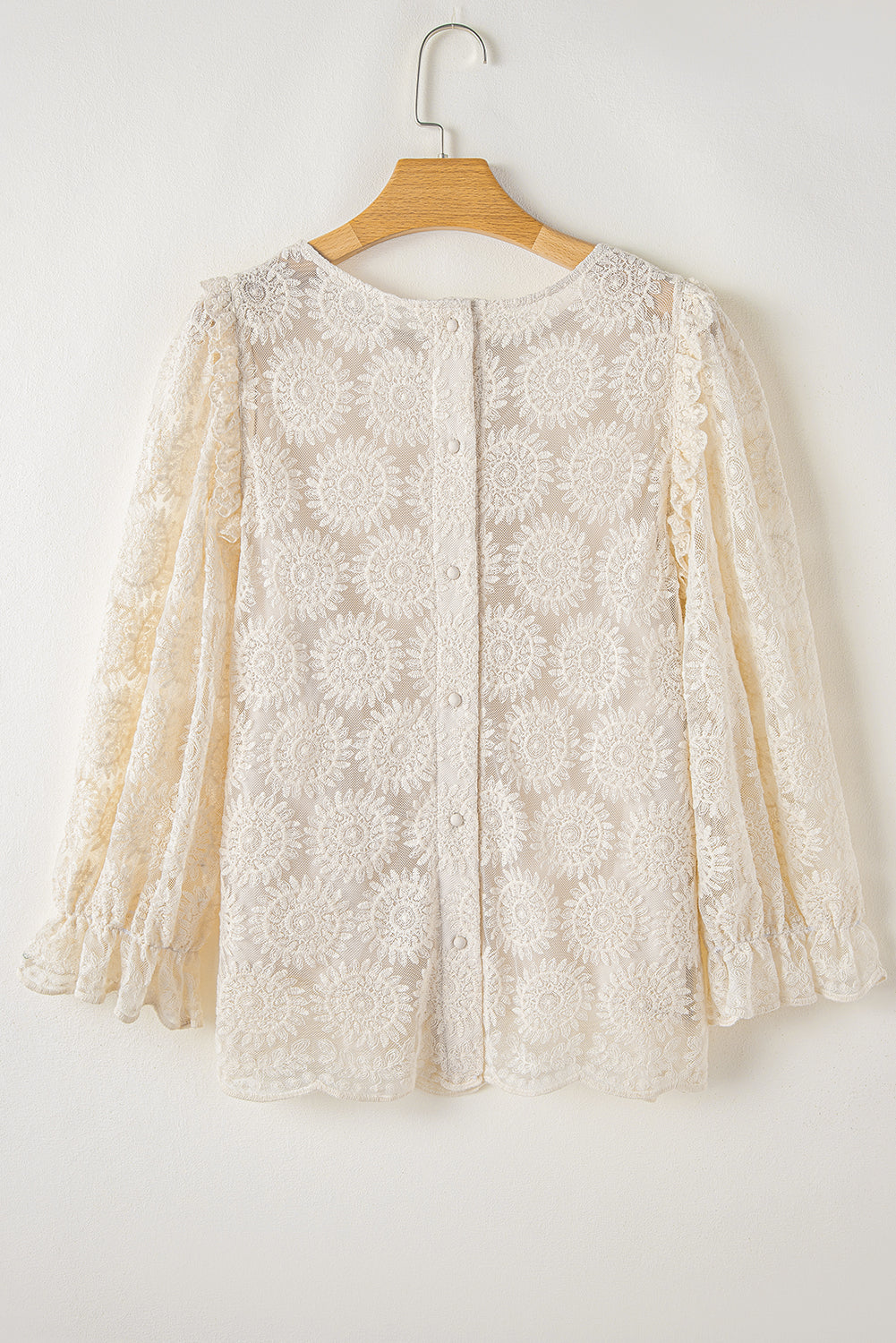 Flower Jacquard Button Back Ruffled 3/4 Sleeve Blouse