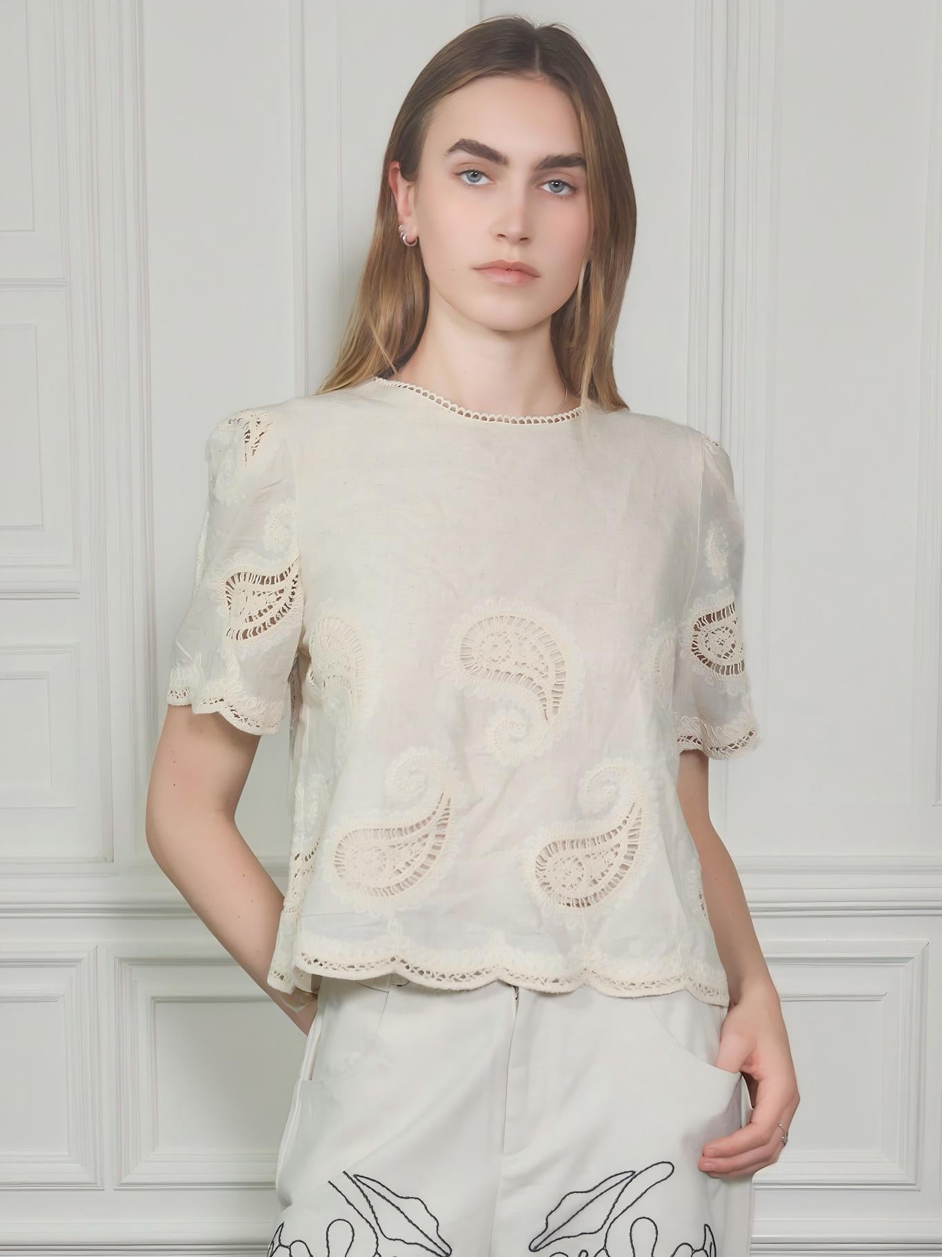 Paisley Embroidered Round-neck Top