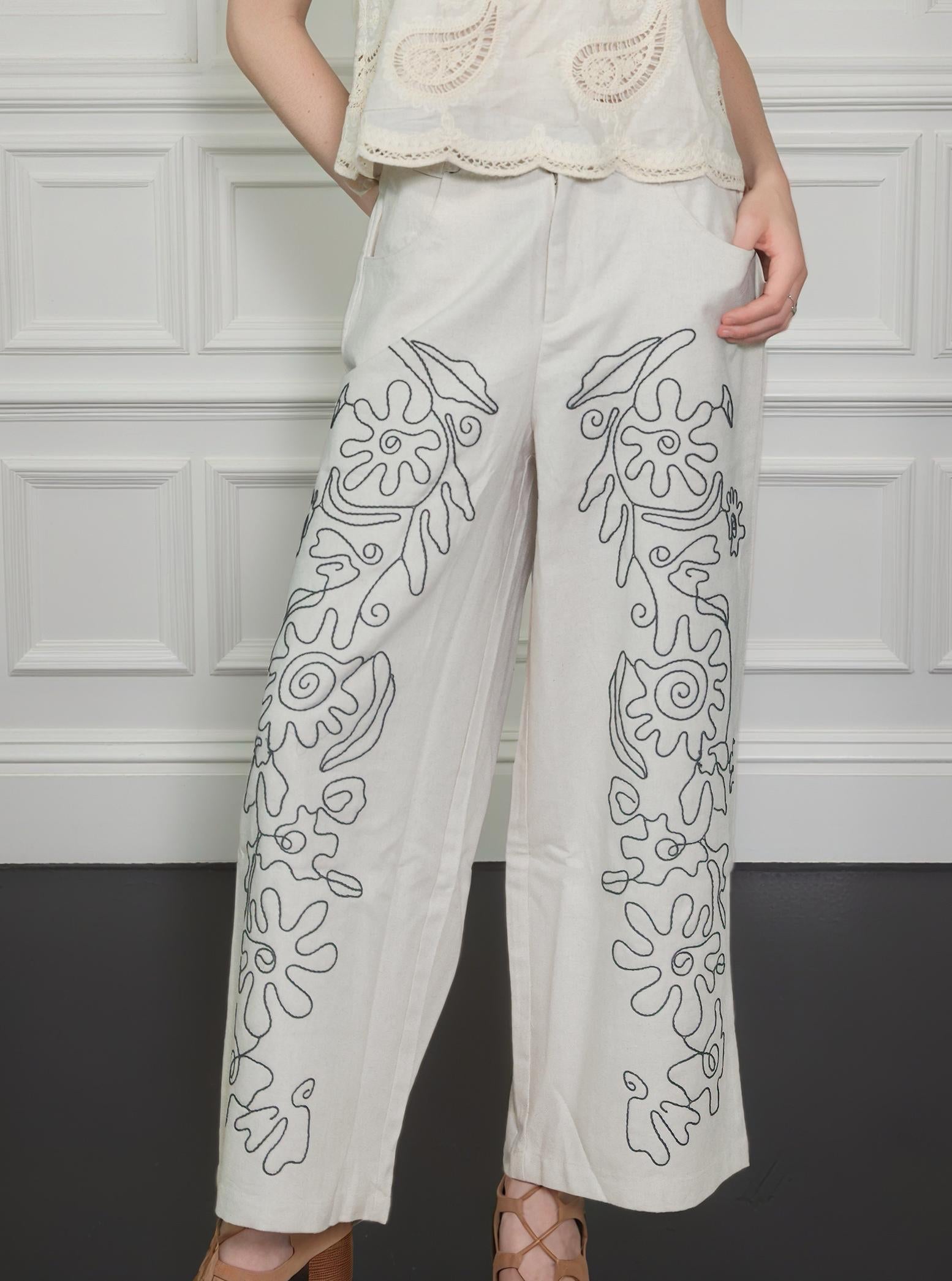 Bohemian Embroidered Straight-leg Pants