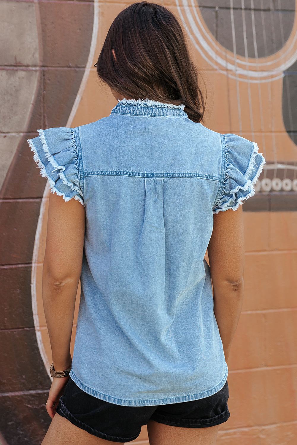 Button Front Ruffled Flutter Frayed Denim Top