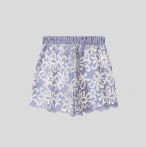Floral Striped Hollow Lettuce Hem Shorts