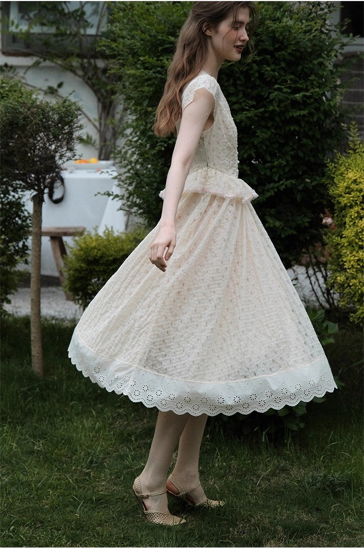 Ruffle Lace Contrast V Neck Flutter Sleeve Midi Dress