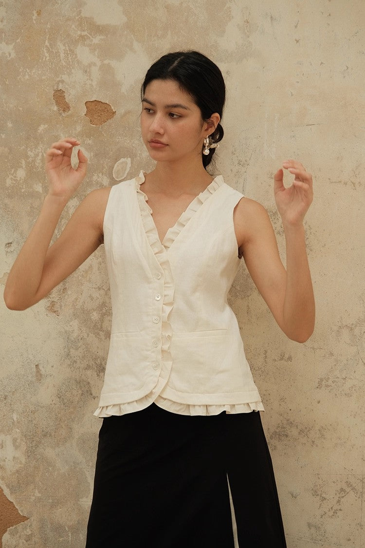 V-neck Frill Trim Button Up Vest