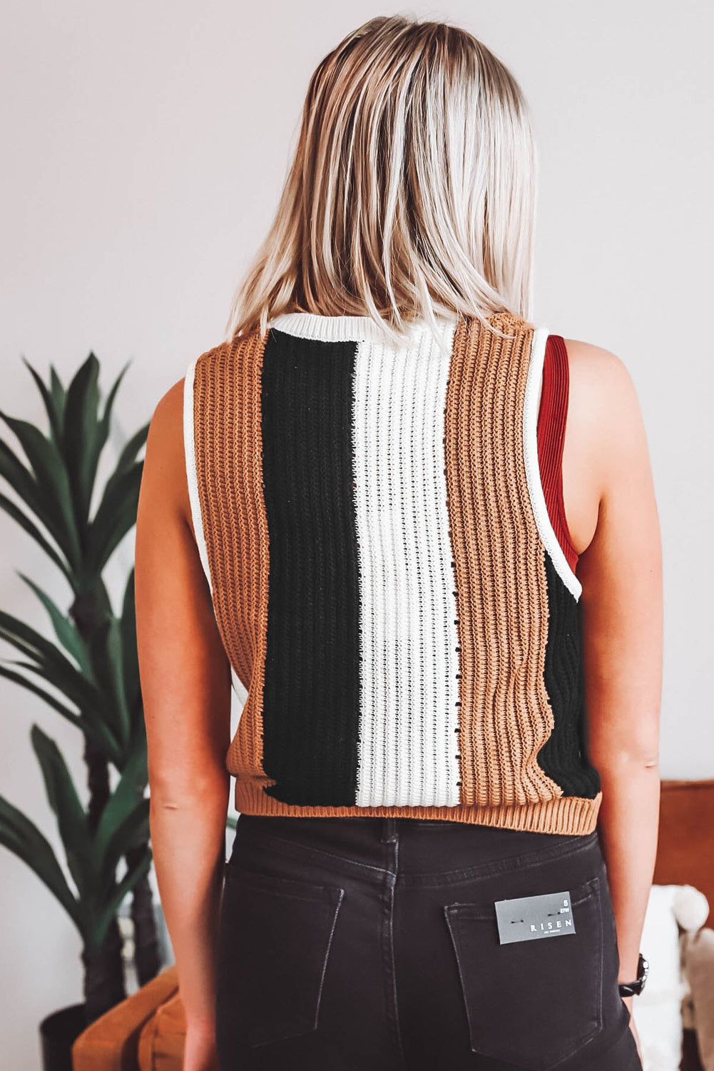 Khaki Stripe Color Block Sleeveless Knitted Sweater Vest