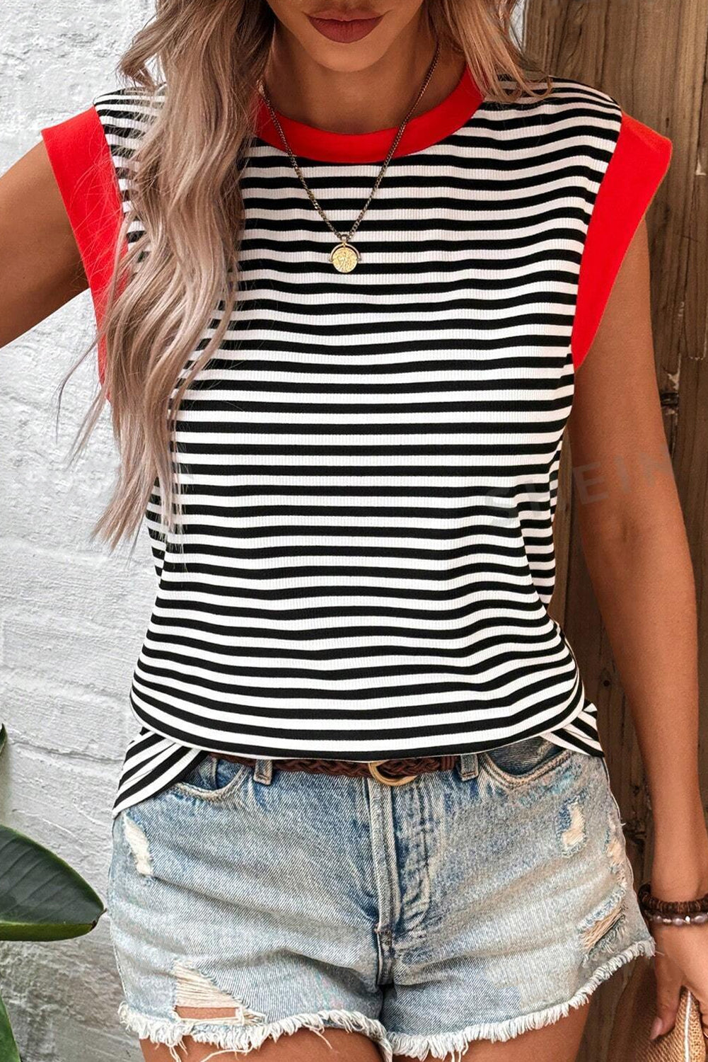 Stripe Colorblock Edge Round Neck Tank Top