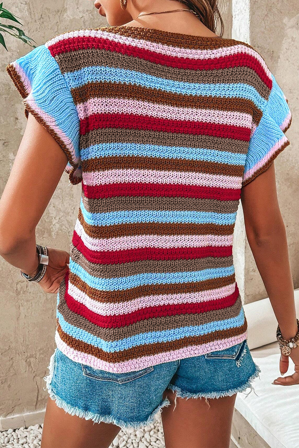 Striped Ruffled Sleeve V Neck Sweater