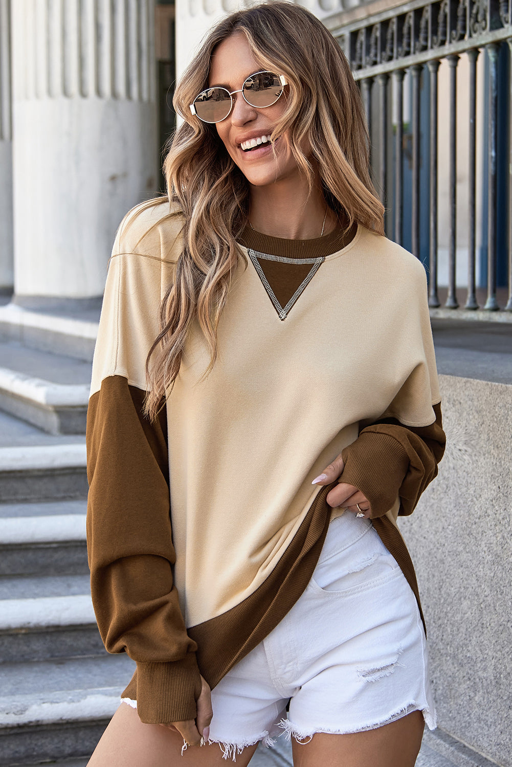 Color Block Thumbhole Sleeve Drop Shoulder Sweatshirt