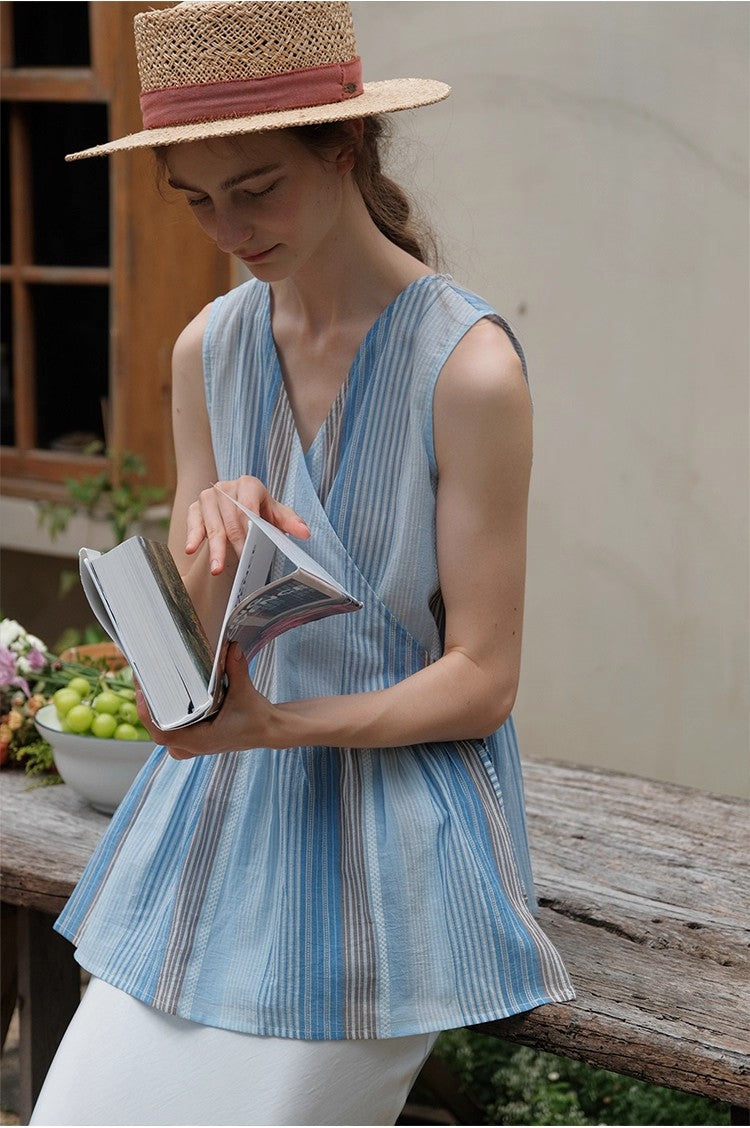 Striped V-neck Ruffle Wrap Sleeveless Blouse