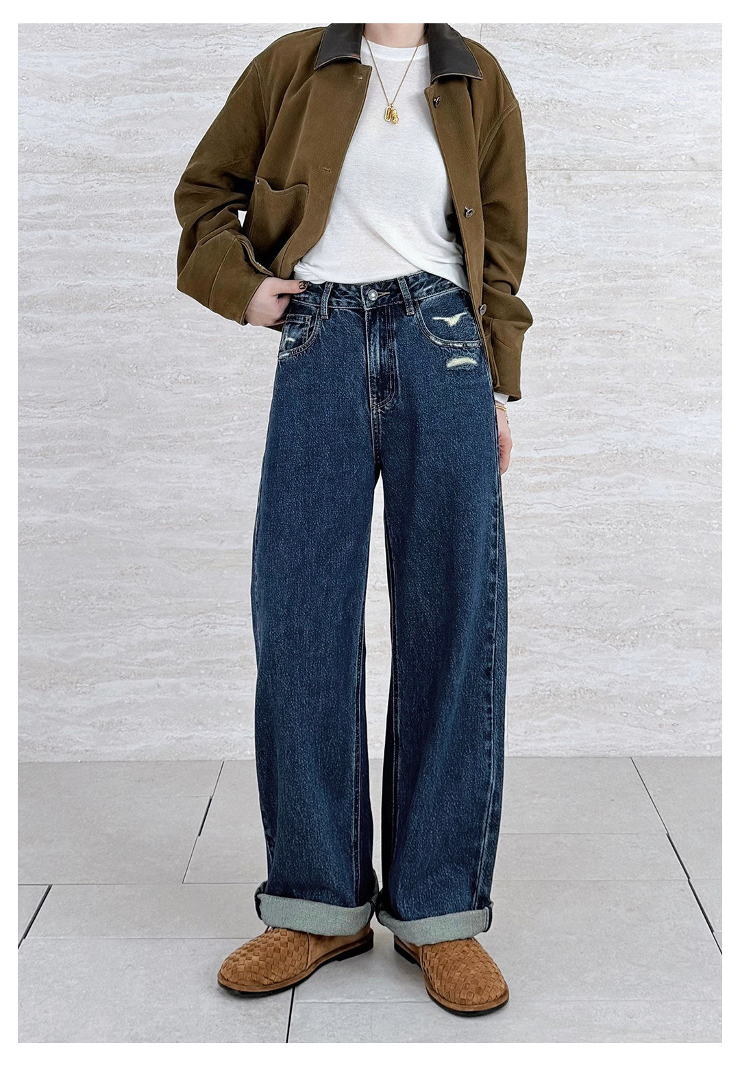 Ripped Detail High Waist Loose Wide Leg Jeans