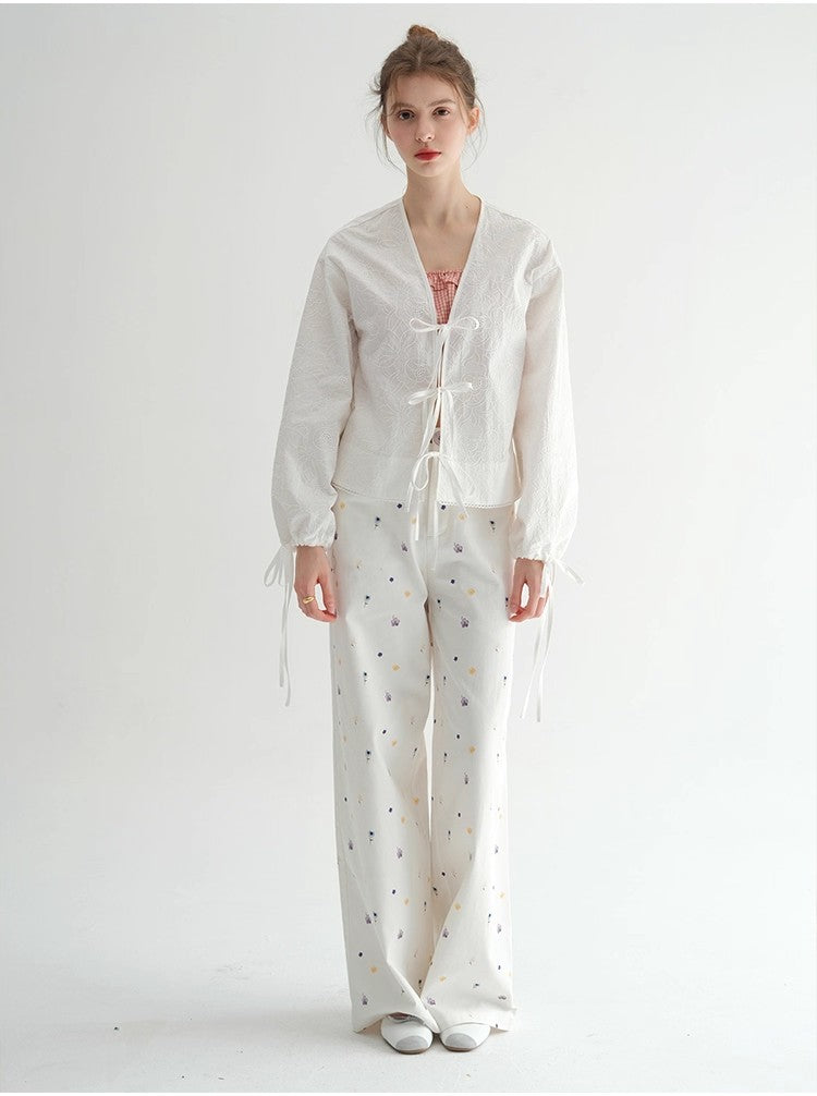 Dot Floral Pockets Straight Pants
