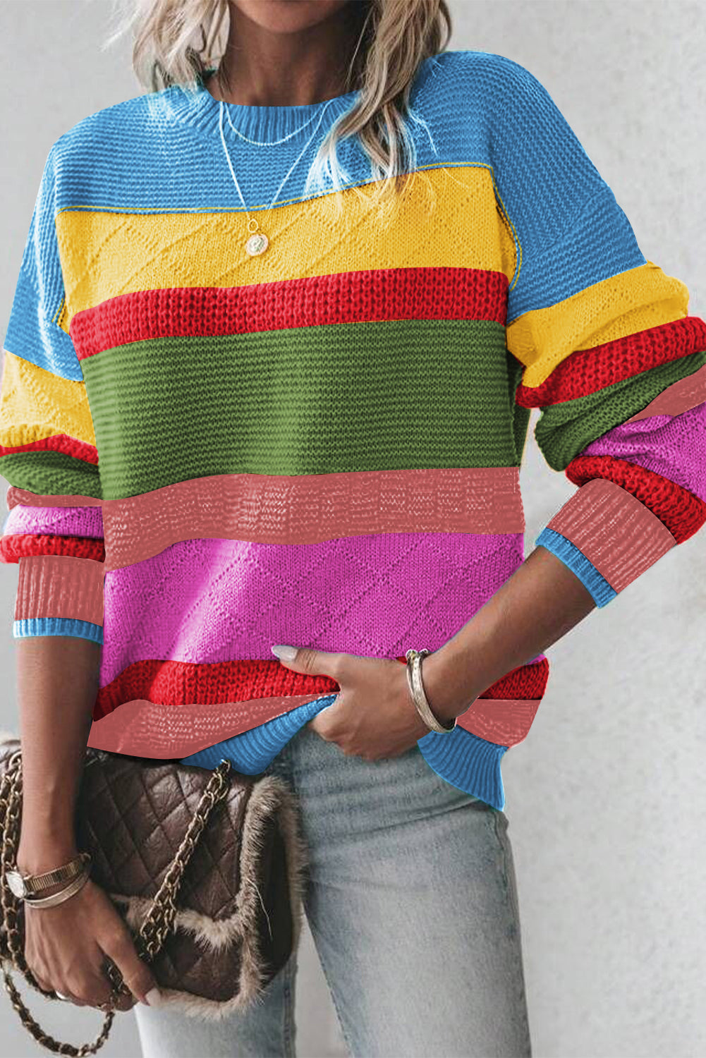 Colorblock Mixed Textured Drop Shoulder Sweater