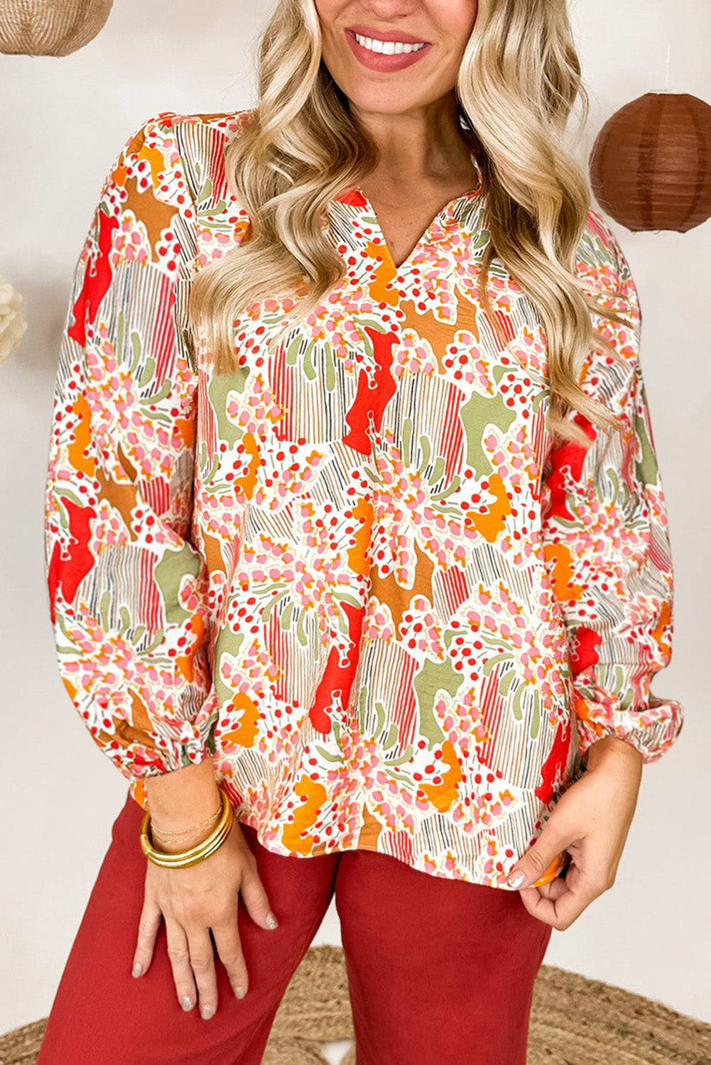 Printed Boho Print V Neck Ruched Bishop Sleeve Blouse