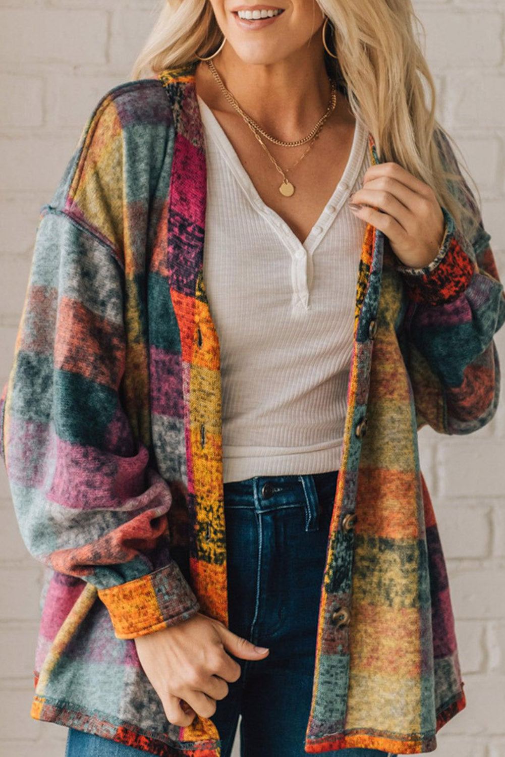 Multicolor Brushed Plaid Buttoned Pullover Oversized Hoodie