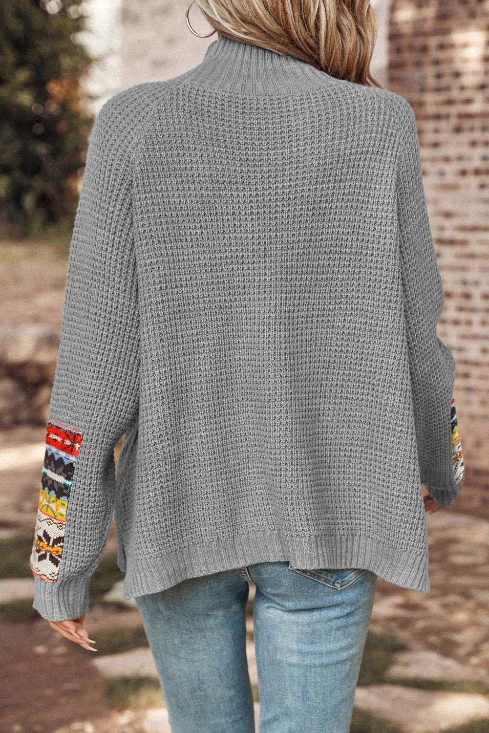 Gray Tribal Patch Raglan Sleeve High Neck Sweater