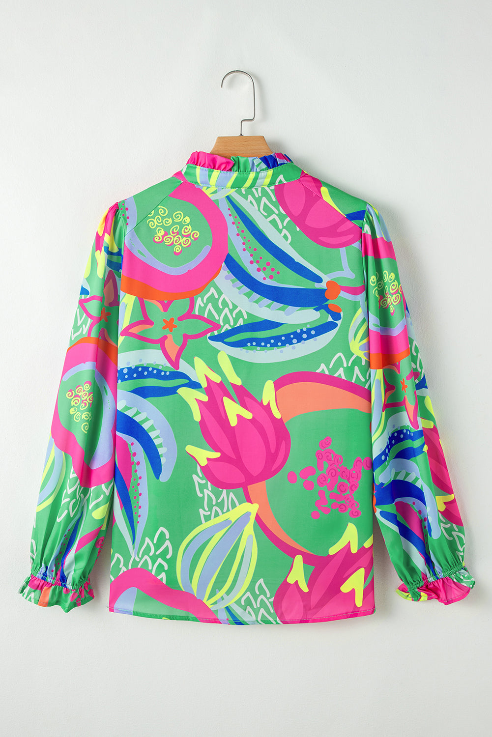 Abstract Print Ruffled Sleeve Buttoned V Neck Blouse