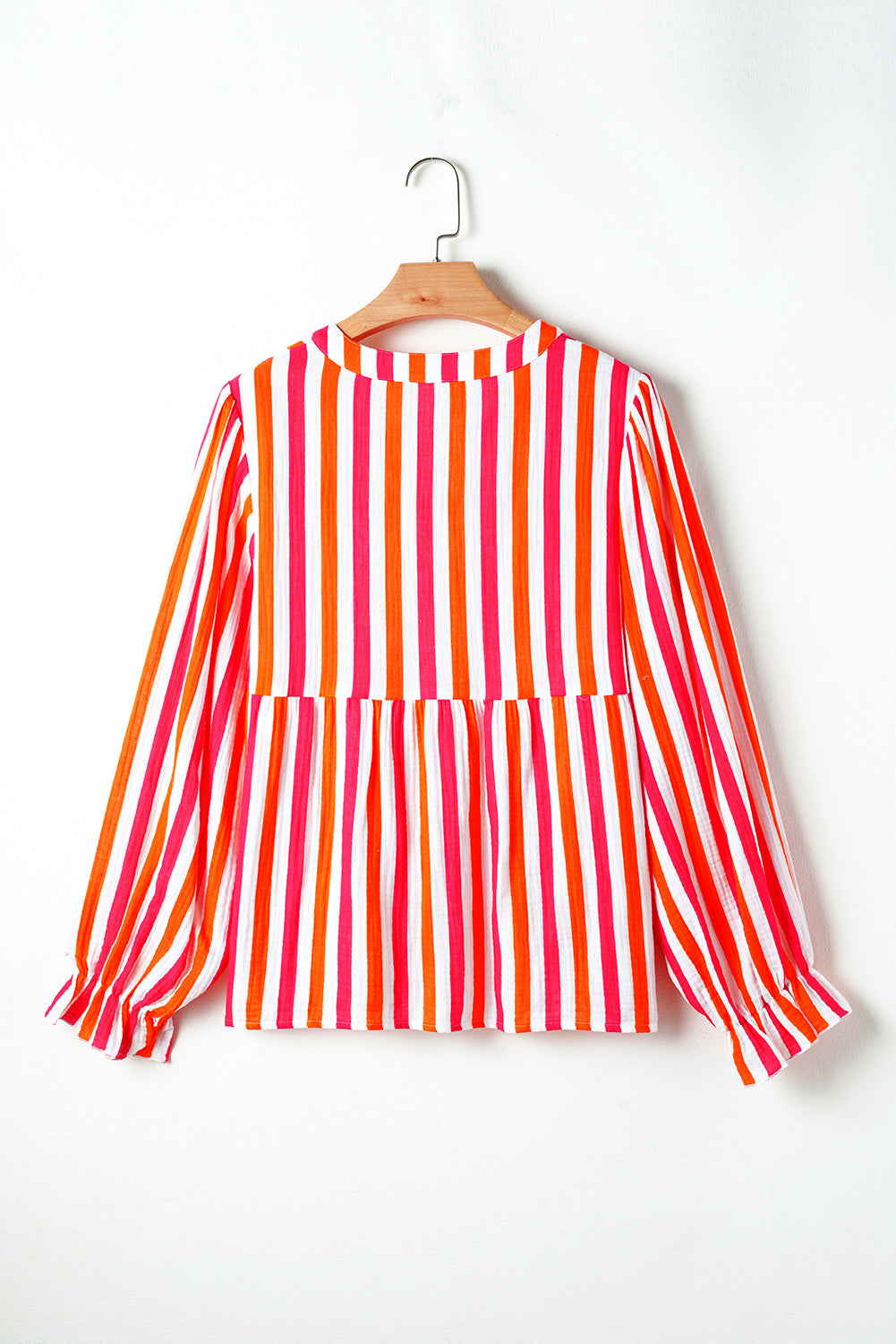 Stripe Balloon Sleeve Notched V Neck Buttoned Front Blouse