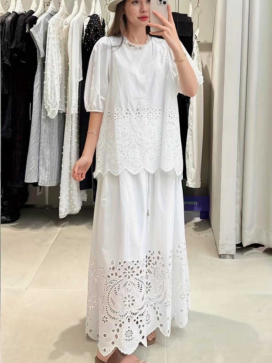 Floral Embroidered Hollow Scallop Hem Puff Sleeve Blouse
