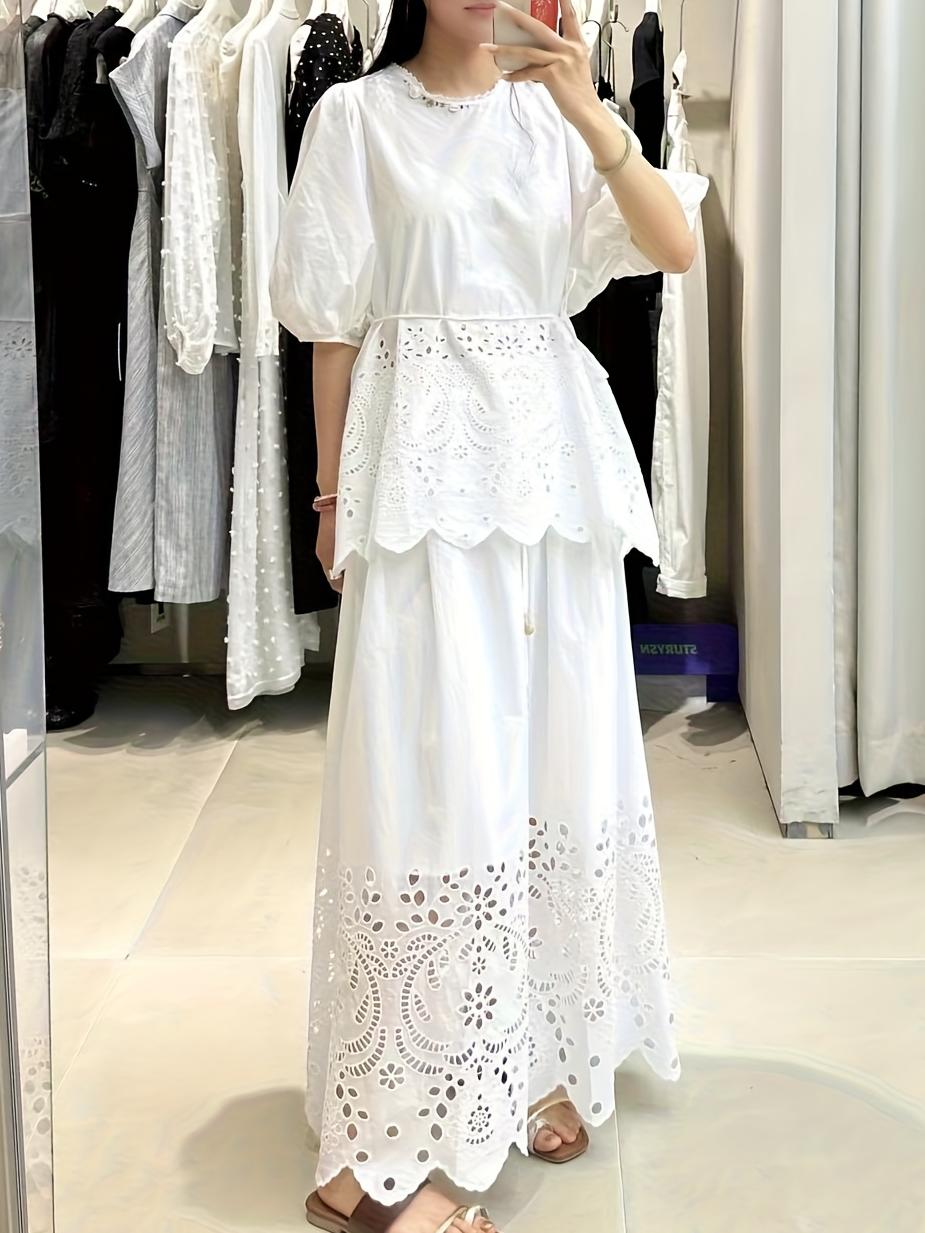 Floral Embroidered Hollow Drawstring Scallop Hem Skirt
