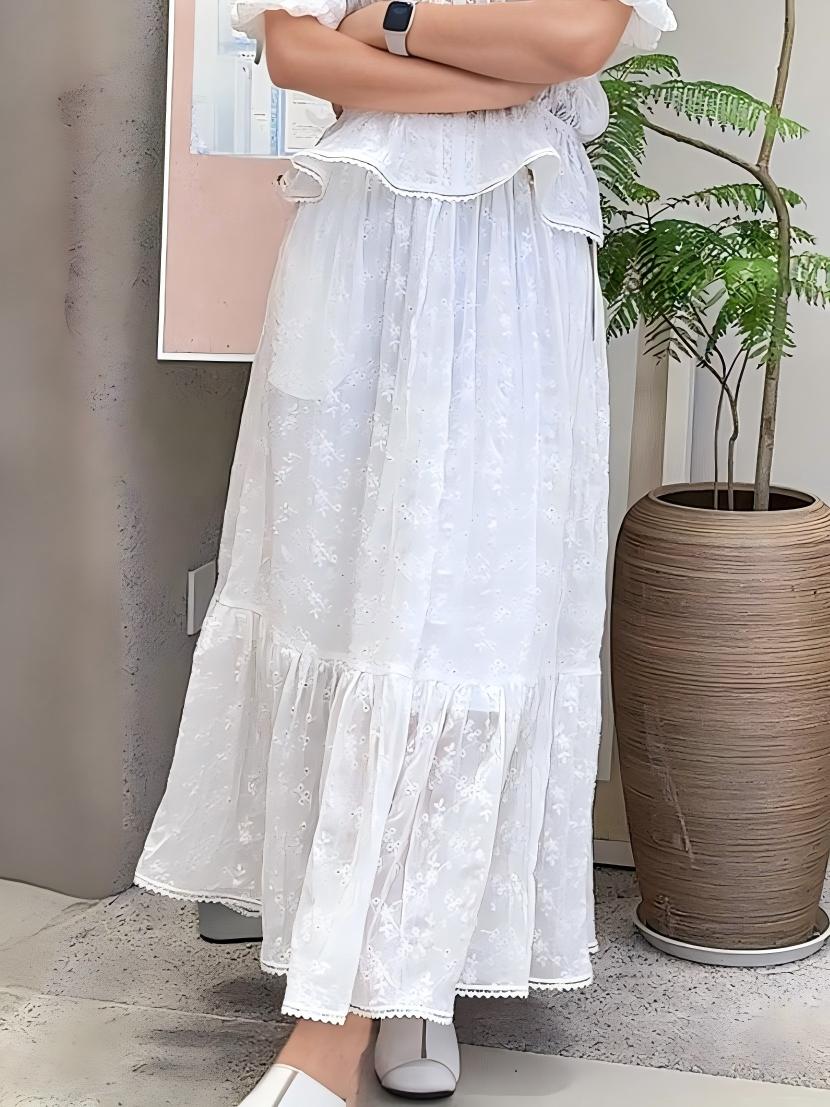 Lace Embroidered Layered Ruffles Maxi Skirts