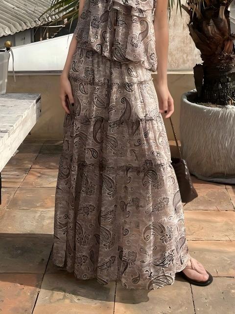 Boho Paisley Print Ruffles Maxi Skirt