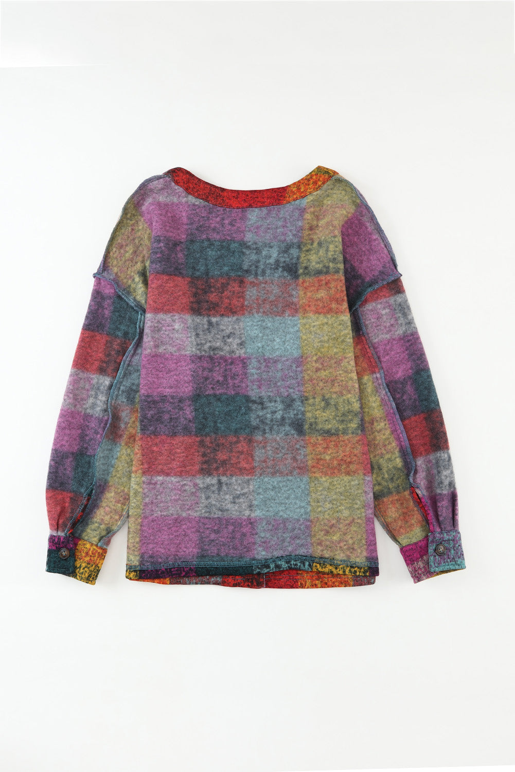 Multicolor Brushed Plaid Buttoned Pullover Oversized Hoodie