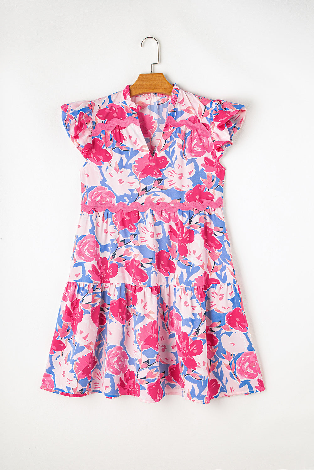 Floral Printed V Notched Ric Rac Flutter Sleeve Dress