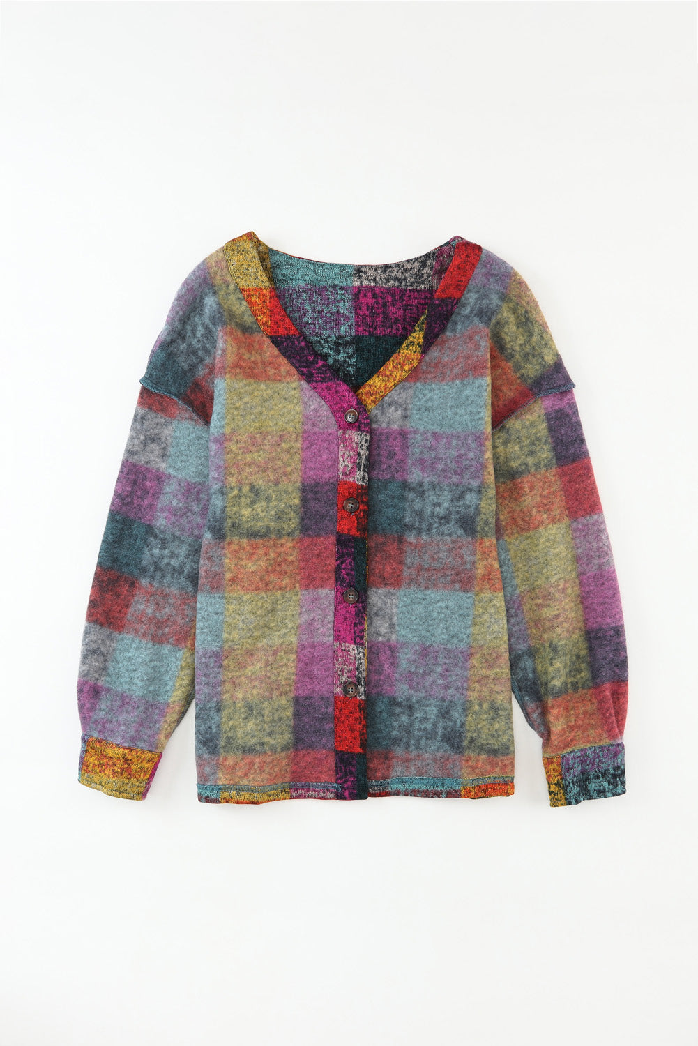 Multicolor Brushed Plaid Buttoned Pullover Oversized Hoodie