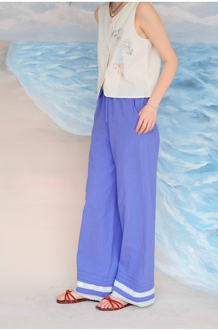 Lace Hem Drawstring Pockets Pants