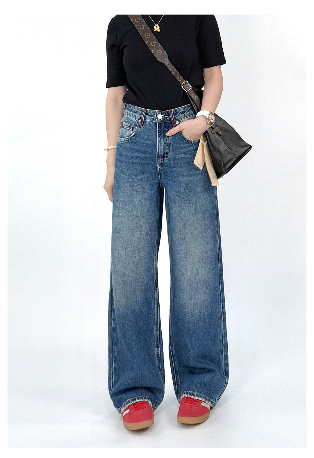 Embroideried Detail Straight Wide Leg Jeans