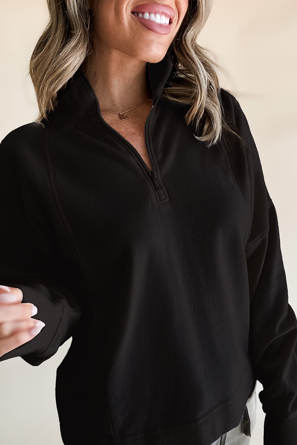 Zipped Neck Pullover Drop Shoulder Sweatshirt