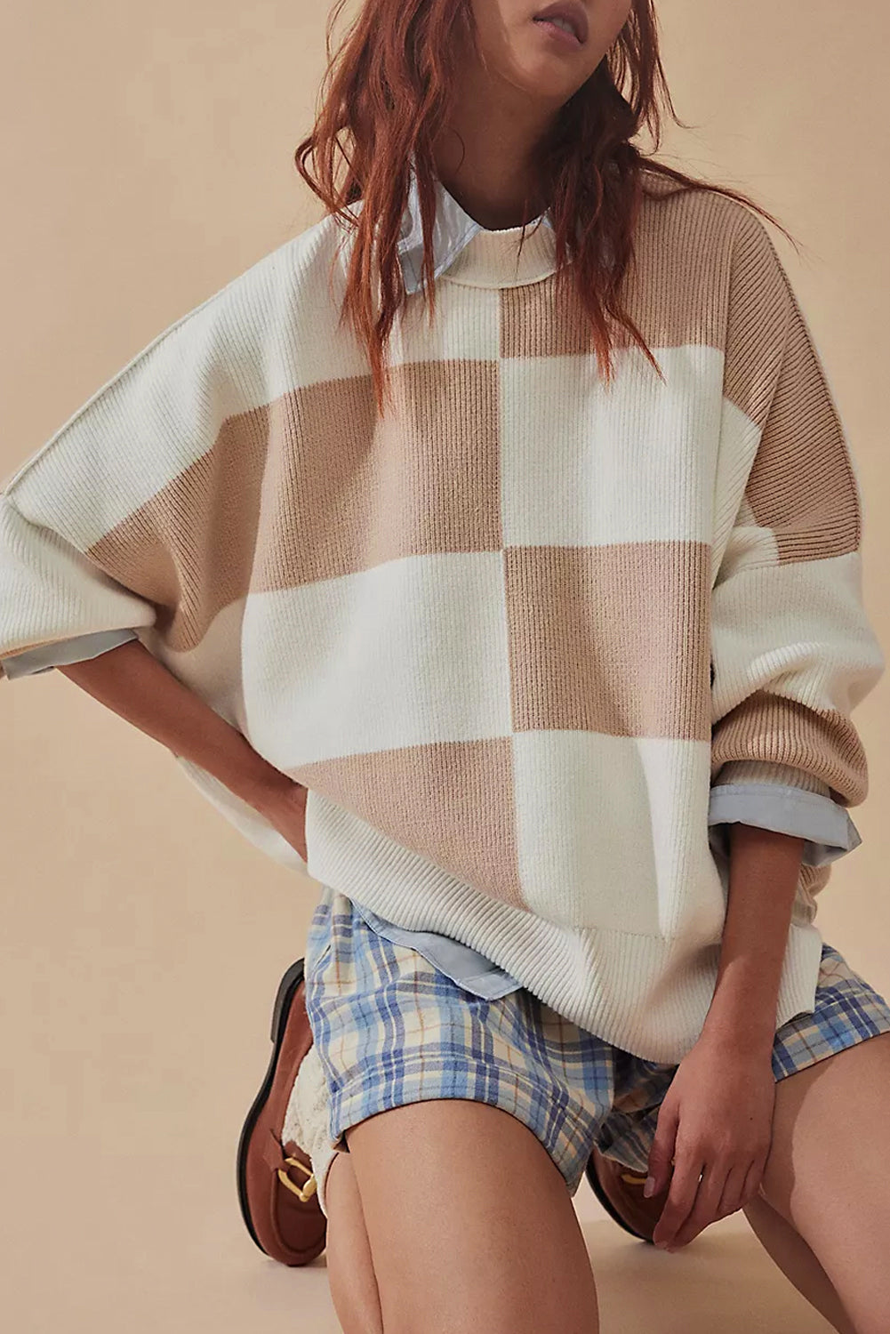 Checkered Side Slits Drop Shoulder Oversized Sweater