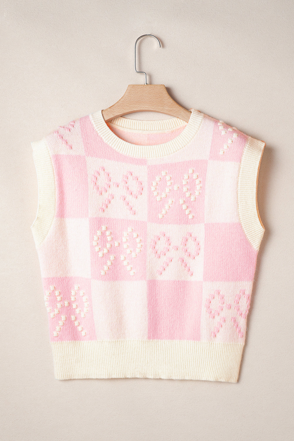 Pink Preppy Bow Detail Checkered Sweater Vest