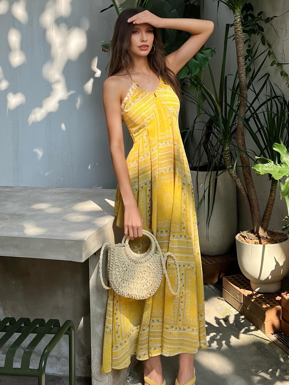 Floral Halter Lace Trim Maxi Dress