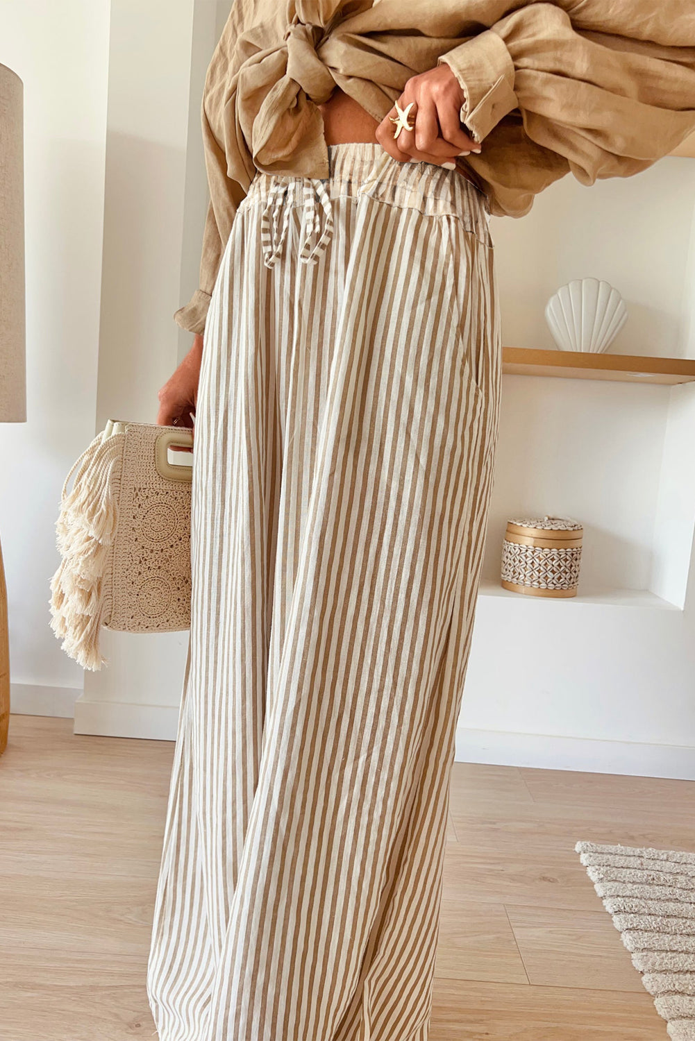 Stripe Print Wide Leg Drawstring Pants